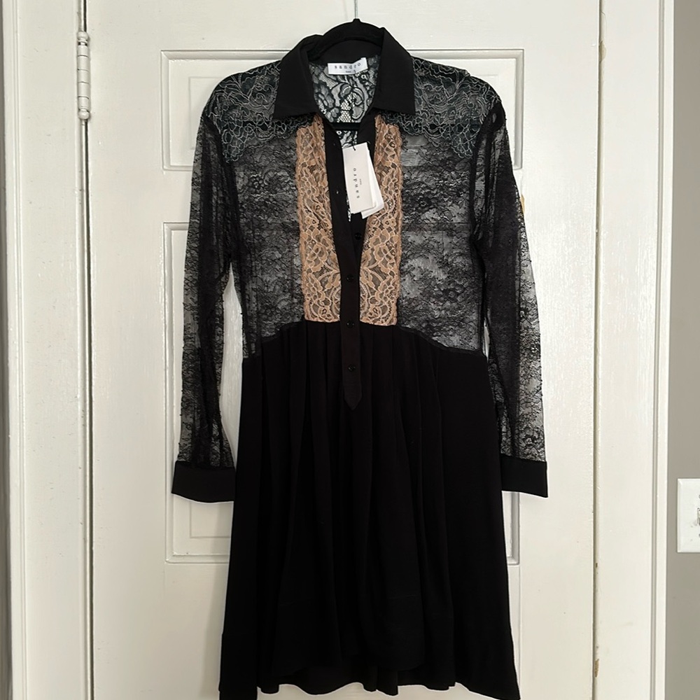 Sandro Leda Dress - A Line with Lace Top, Long Sleeves in Black size 3